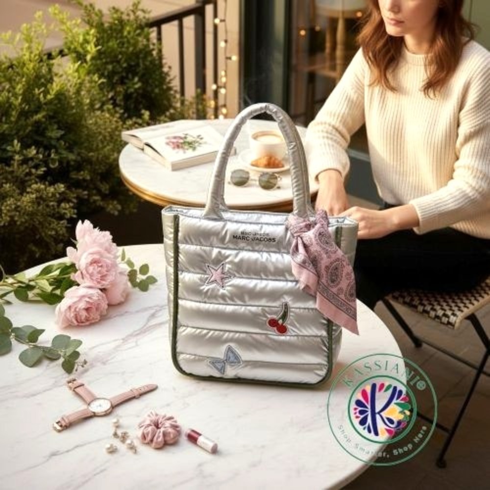 Marc Jacobs Perfect Fragrance Gift Puffer Tote Bag Metallic Silver Quilted Handb